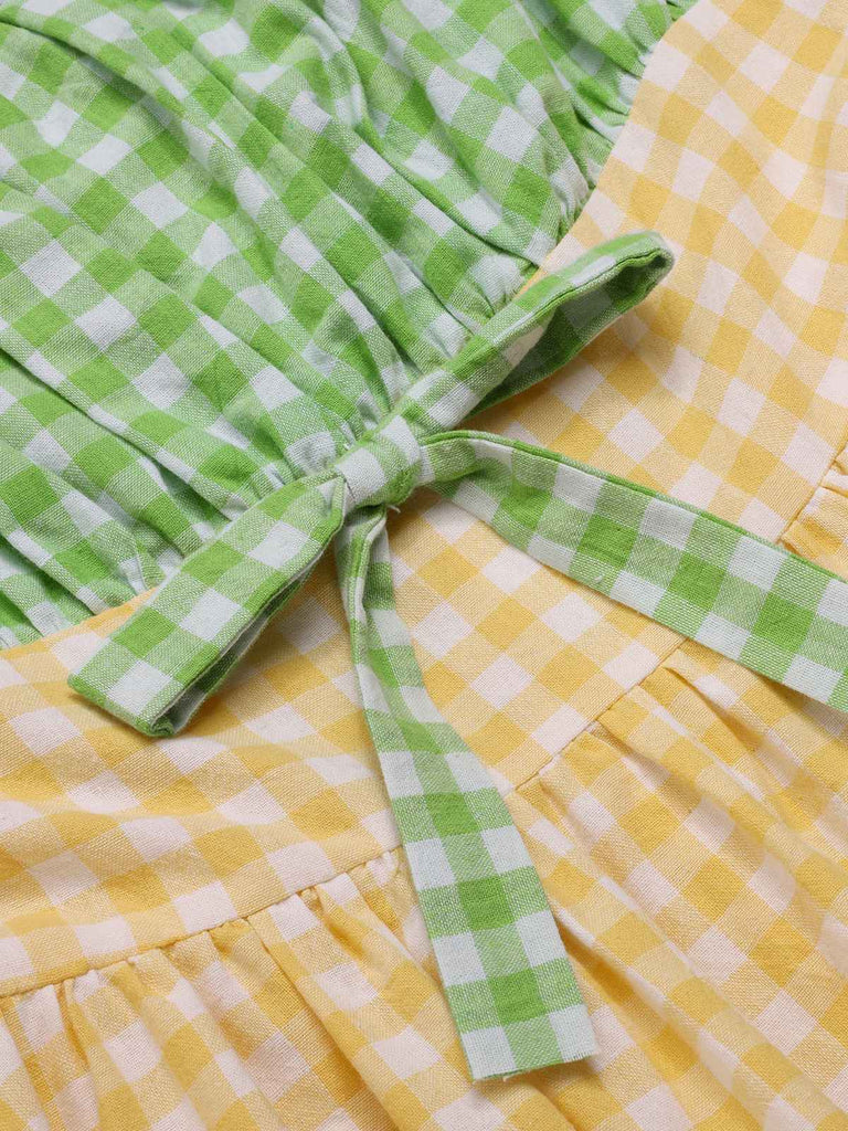 Multicolor 1950er Baumwolle Breit-Träger Plaid Patchwork Kleid