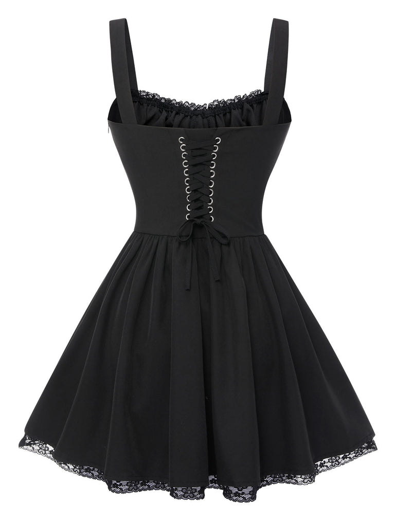 Schwarz 1950er Solide Spitze Gotisch Kleid