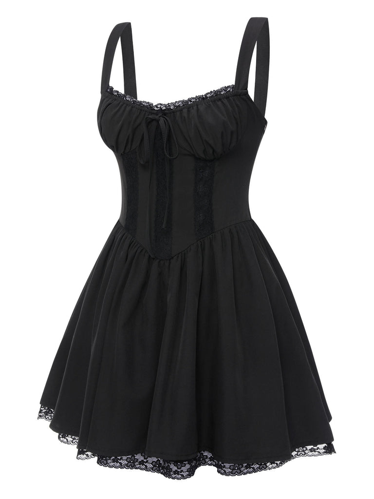 Schwarz 1950er Solide Spitze Gotisch Kleid