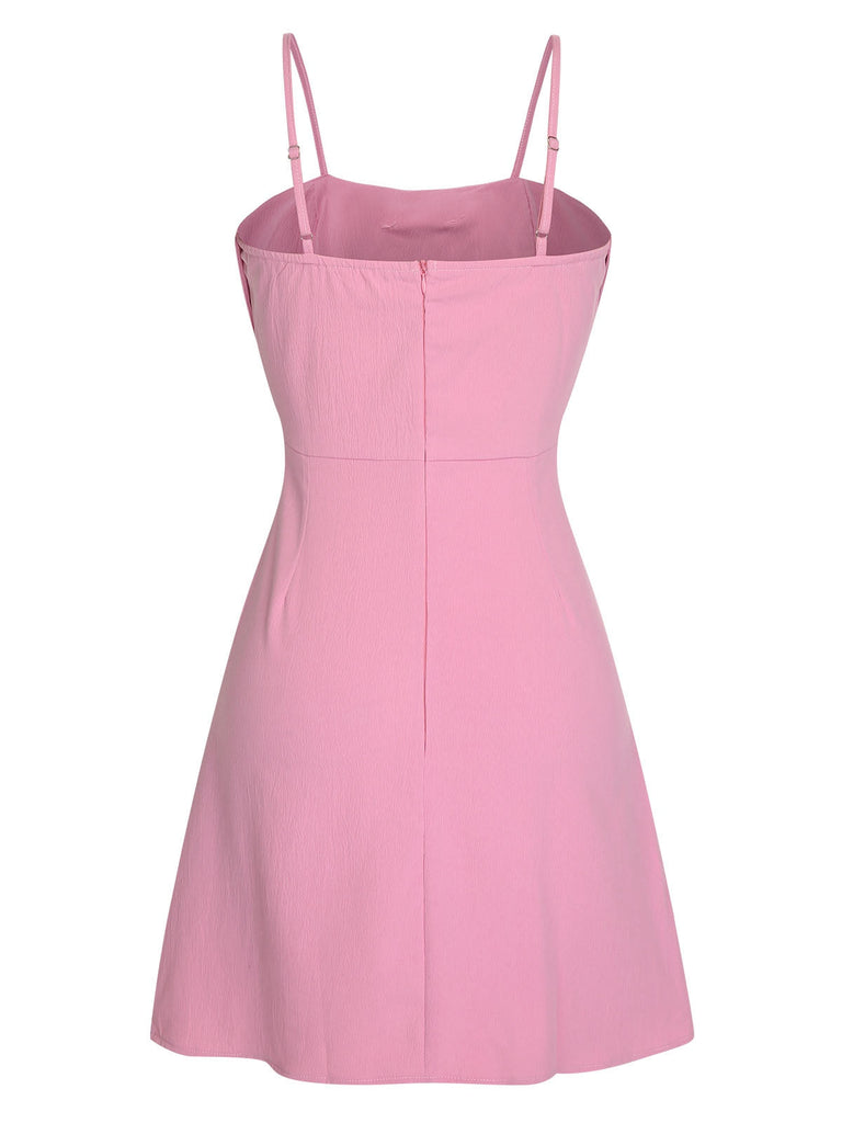 Rosa 1950er Solide Spaghetti Träger Bogen Kleid