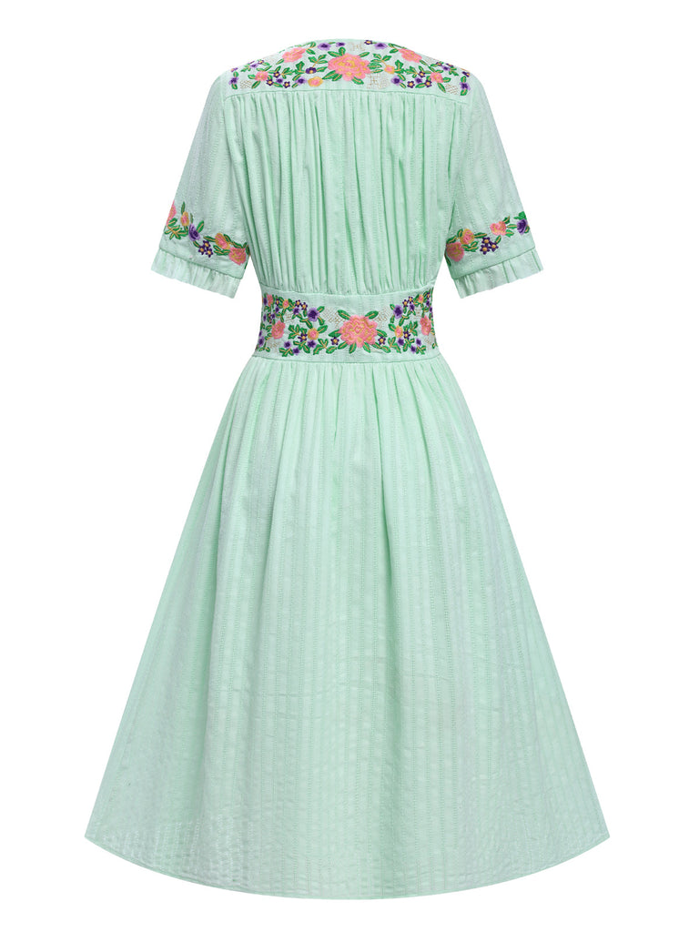 Grün 1940er V-Ausschnitt Knöpfen Baumwolle Blumen Kleid