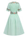 Grün 1940er V-Ausschnitt Knöpfen Baumwolle Blumen Kleid