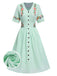 Grün 1940er V-Ausschnitt Knöpfen Baumwolle Blumen Kleid