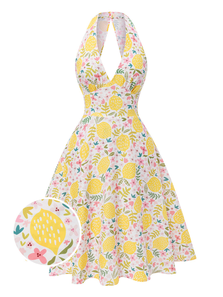 Rosa 1950er Blumen V-Ausschnitt Kleid