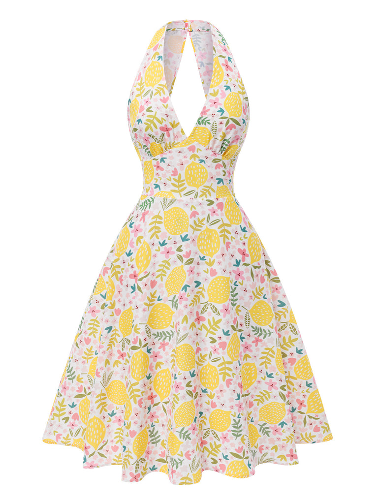 Rosa 1950er Blumen V-Ausschnitt Kleid