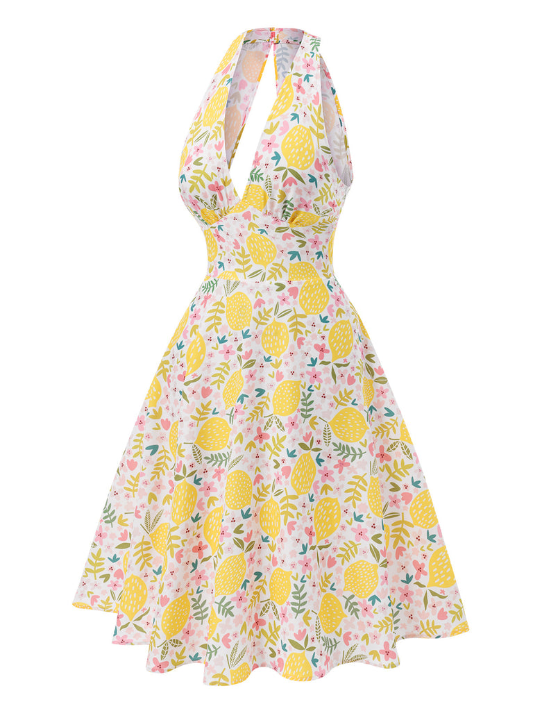 Rosa 1950er Blumen V-Ausschnitt Kleid