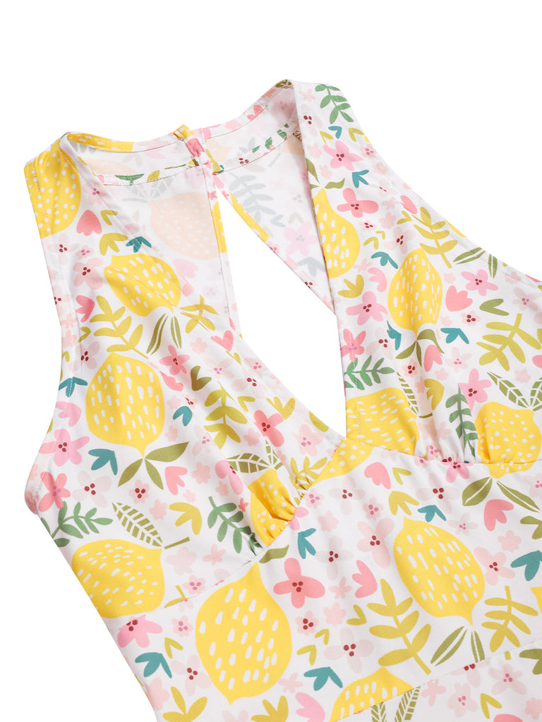 Rosa 1950er Blumen V-Ausschnitt Kleid