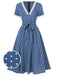 Dunkelblau 1930er V-Ausschnitt Polka Dots Kleid mit Gürtel