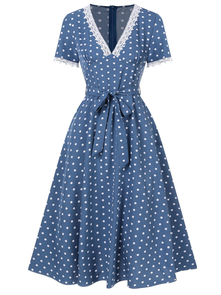 Dunkelblau 1930er V-Ausschnitt Polka Dots Kleid mit Gürtel