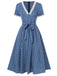 Dunkelblau 1930er V-Ausschnitt Polka Dots Kleid mit Gürtel