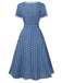 Dunkelblau 1930er V-Ausschnitt Polka Dots Kleid mit Gürtel