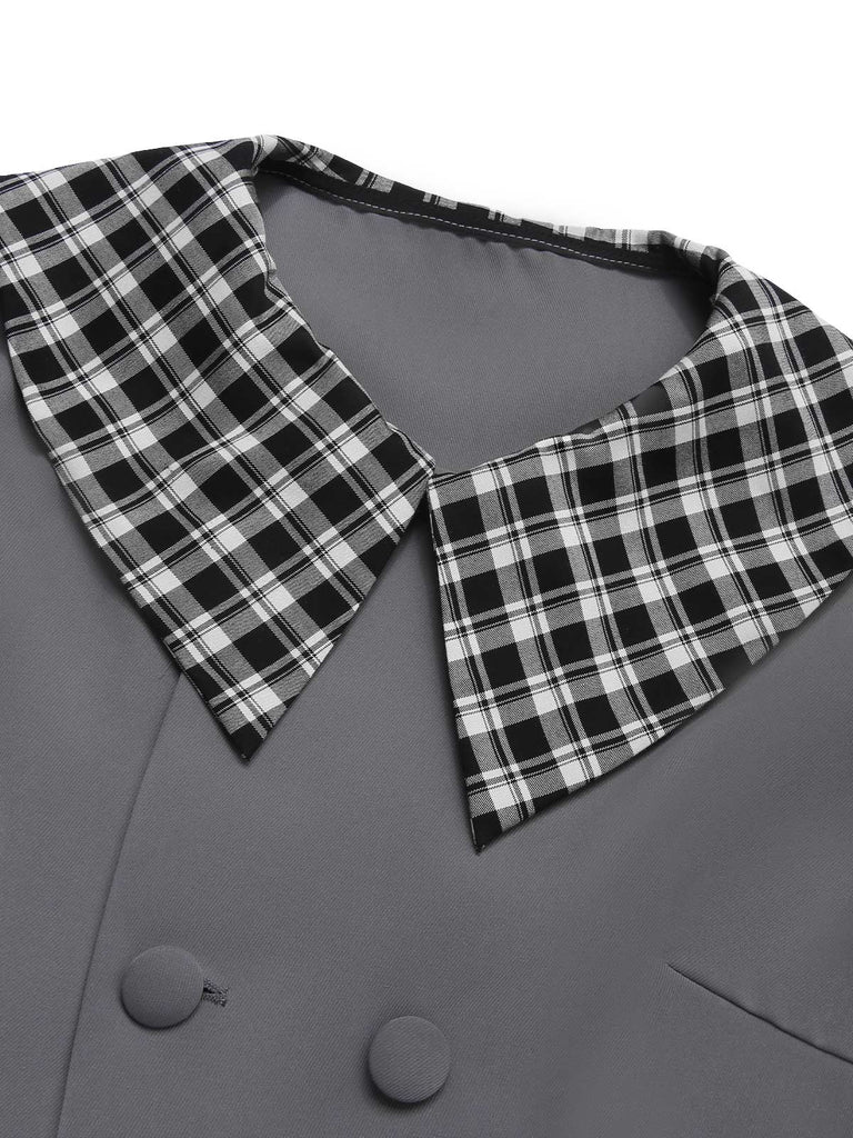 2PCS 1950er Revers Gerollte Ärmel Plaids Mantel & Träger Kleid