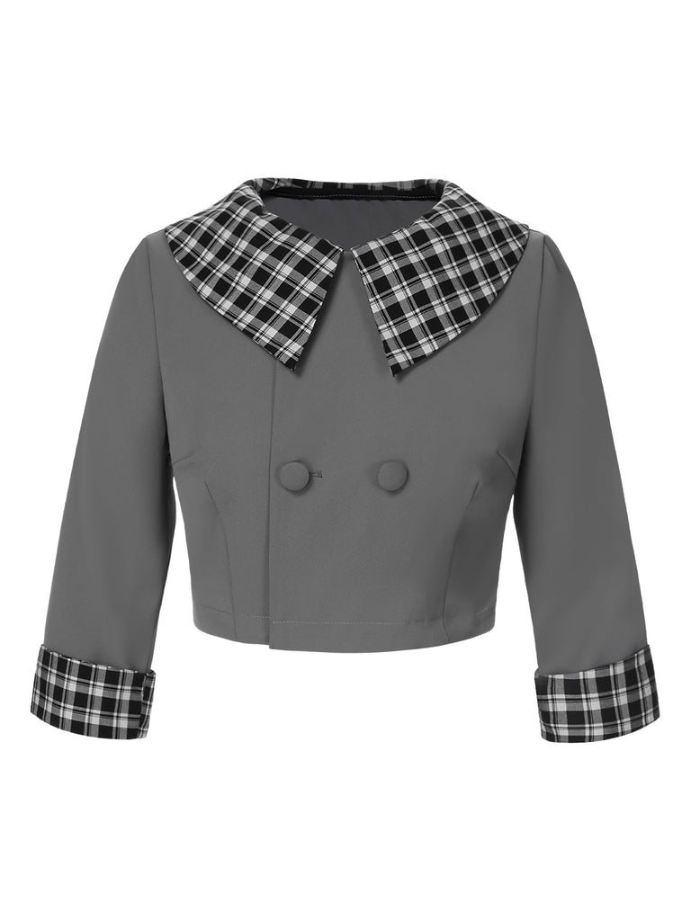 2PCS 1950er Revers Gerollte Ärmel Plaids Mantel & Träger Kleid