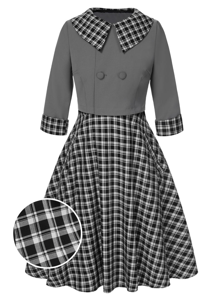 2PCS 1950er Revers Gerollte Ärmel Plaids Mantel & Träger Kleid