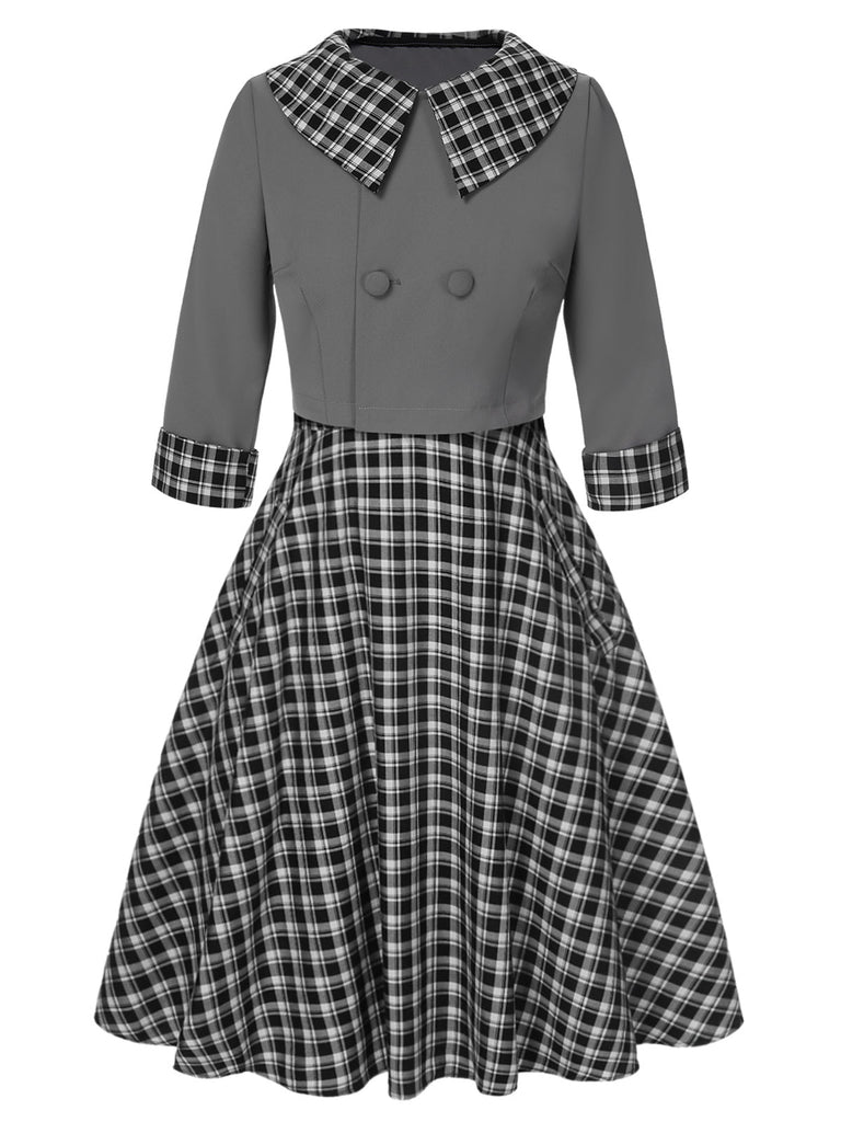 2PCS 1950er Revers Gerollte Ärmel Plaids Mantel & Träger Kleid