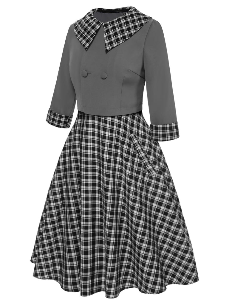 2PCS 1950er Revers Gerollte Ärmel Plaids Mantel & Träger Kleid