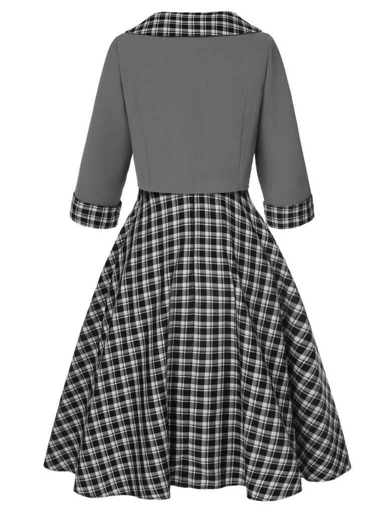 2PCS 1950er Revers Gerollte Ärmel Plaids Mantel & Träger Kleid