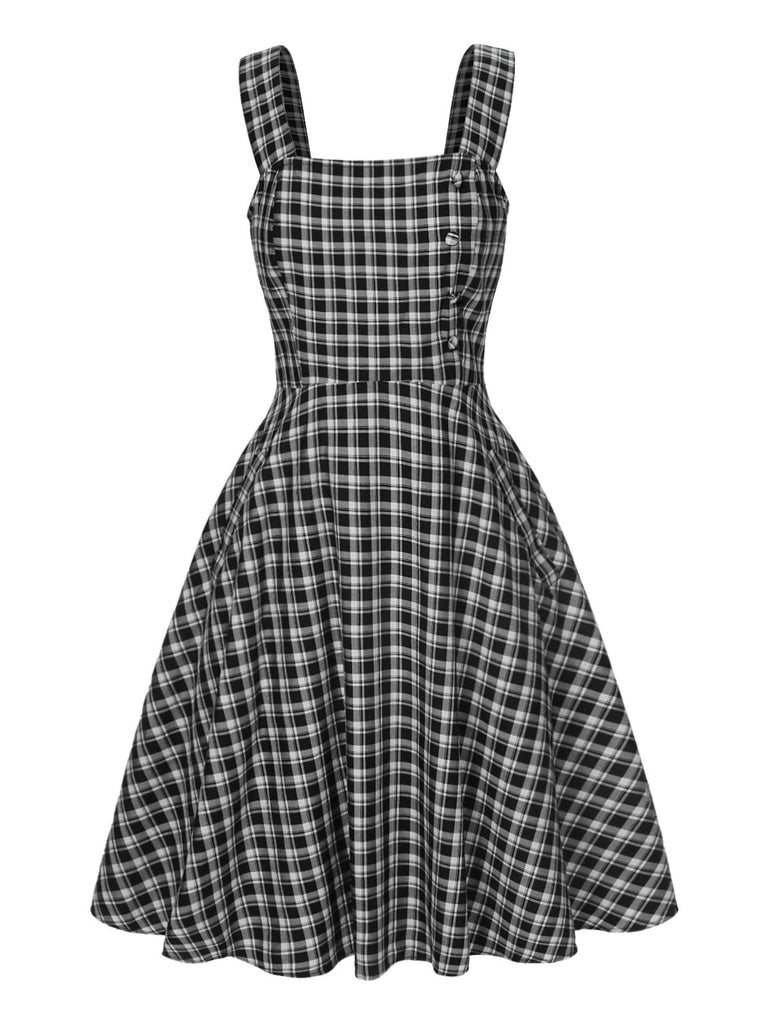 2PCS 1950er Revers Gerollte Ärmel Plaids Mantel & Träger Kleid