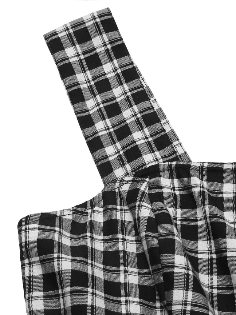 2PCS 1950er Revers Gerollte Ärmel Plaids Mantel & Träger Kleid