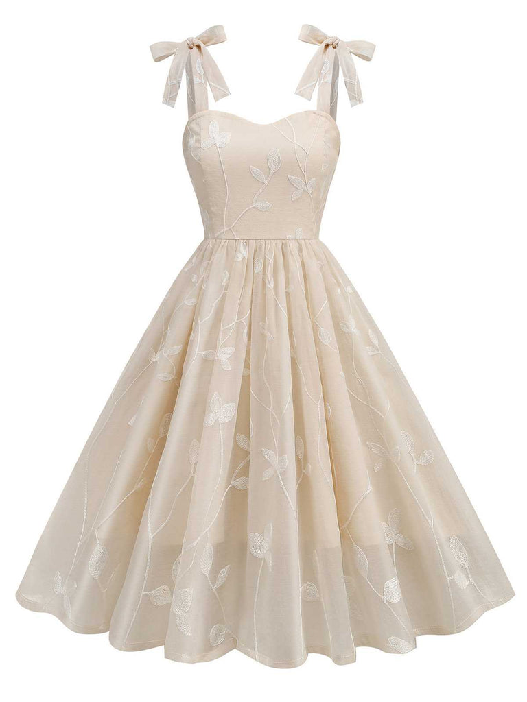 Beige 1950er Spaghetti Träger Bogen Blätter Masche Kleid