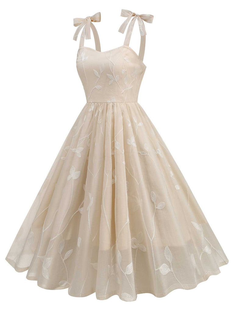 Beige 1950er Spaghetti Träger Bogen Blätter Masche Kleid