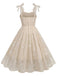 Beige 1950er Spaghetti Träger Bogen Blätter Masche Kleid