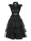 Schwarz 1950er Wednesday Kostüm Solide Gothic Spitze Kleid mit Gürtel