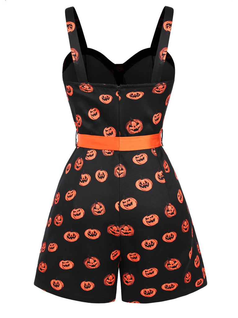 Schwarz 1950er Halloween Kürbisgesicht Romper