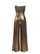 Disco outfit Metallic Gold 1980er Wasserfallkragen Spaghetti Träger Jumpsuit
