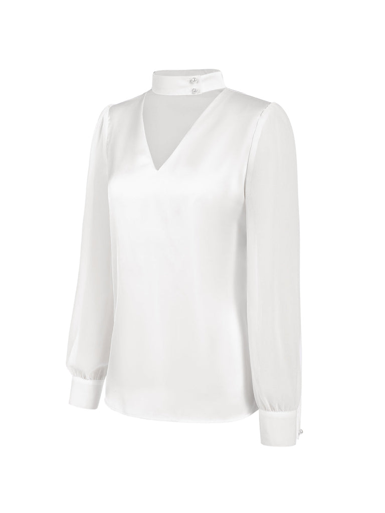 Grün 1940er Rundhals Satin Puffärmel Bluse