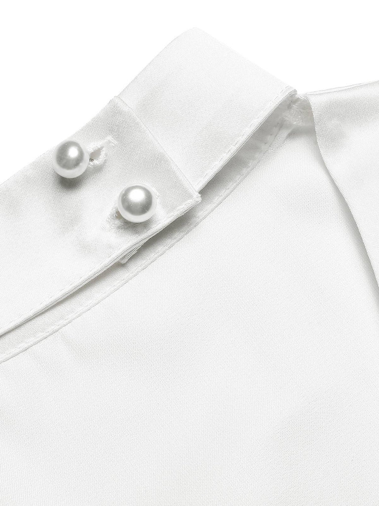 Grün 1940er Rundhals Satin Puffärmel Bluse