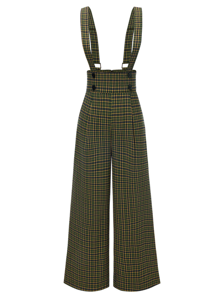 Grün 1940er Glen Plaid Geknöpft Overall Hosen
