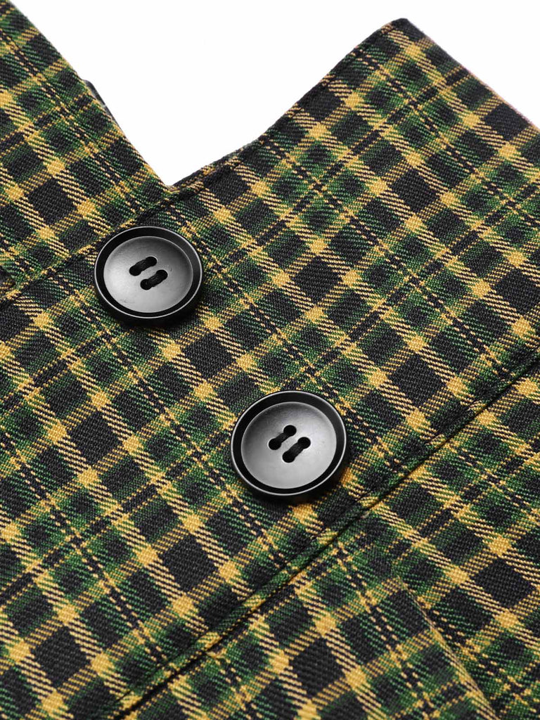 2PCS Grün 1940er Satin Puffärmel Bluse & Glen Plaid Overall Hose