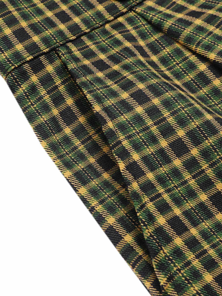 2PCS Grün 1940er Satin Puffärmel Bluse & Glen Plaid Overall Hose