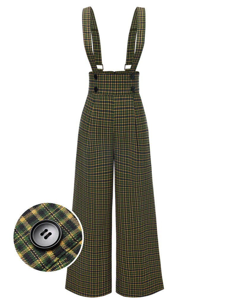 2PCS Grün 1940er Satin Puffärmel Bluse & Glen Plaid Overall Hose