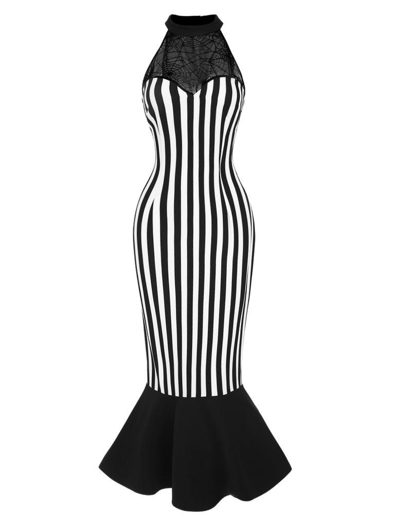 Schwarz 1930er Beetlejuice Kostüm Spinnennetz Streifen Fischschwanz Kleid