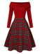Rot 1950er Weihnachten Schulterfrei Tartan Kleid