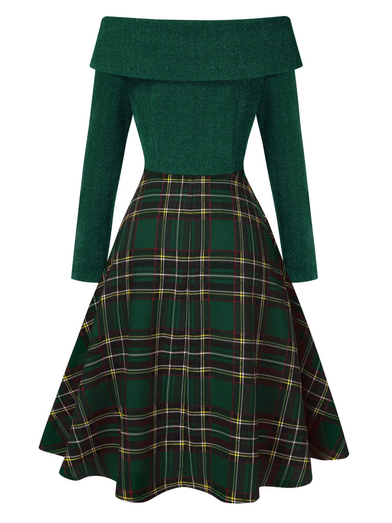 Rot 1950er Weihnachten Schulterfrei Tartan Kleid