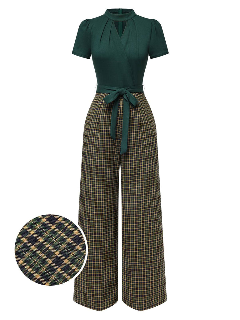 Grün 1930er Plaid Schlüssellochhals Jumpsuit
