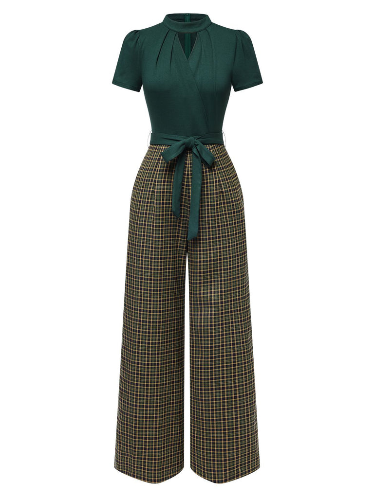 Grün 1930er Plaid Schlüssellochhals Jumpsuit