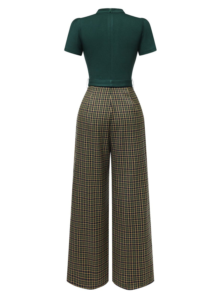 Grün 1930er Plaid Schlüssellochhals Jumpsuit