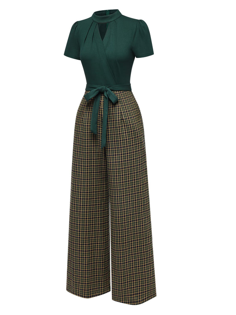 Grün 1930er Plaid Schlüssellochhals Jumpsuit