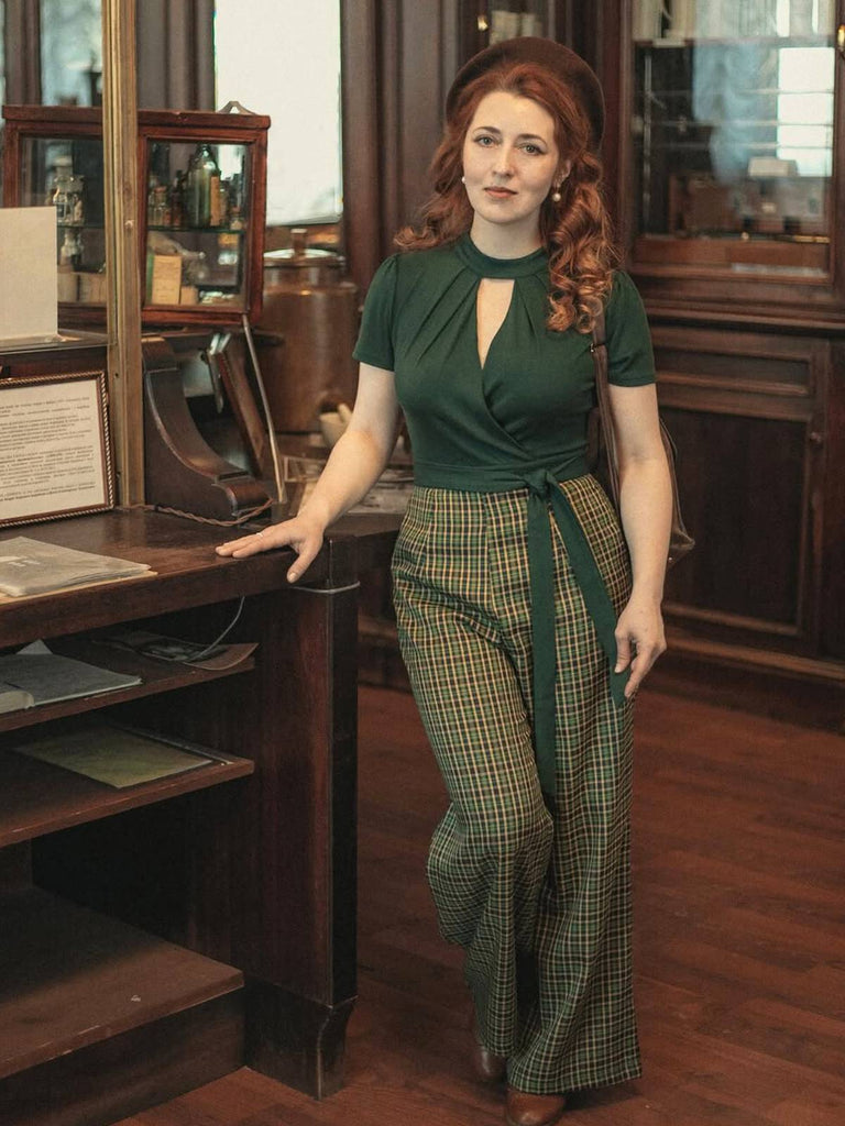 Grün 1930er Plaid Schlüssellochhals Jumpsuit
