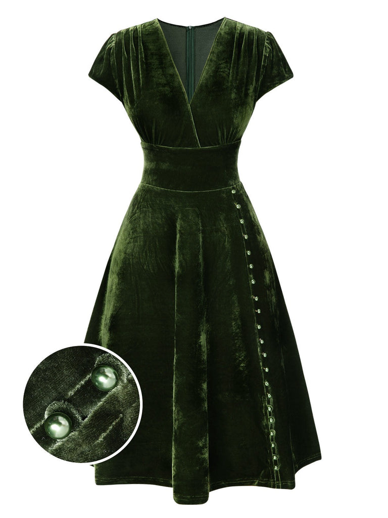 Rot 1940er Tief V-Ausschnitt Perle Samt Kleid