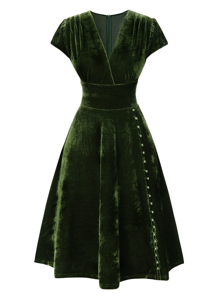 Rot 1940er Tief V-Ausschnitt Perle Samt Kleid