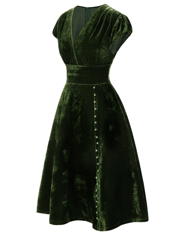 Rot 1940er Tief V-Ausschnitt Perle Samt Kleid