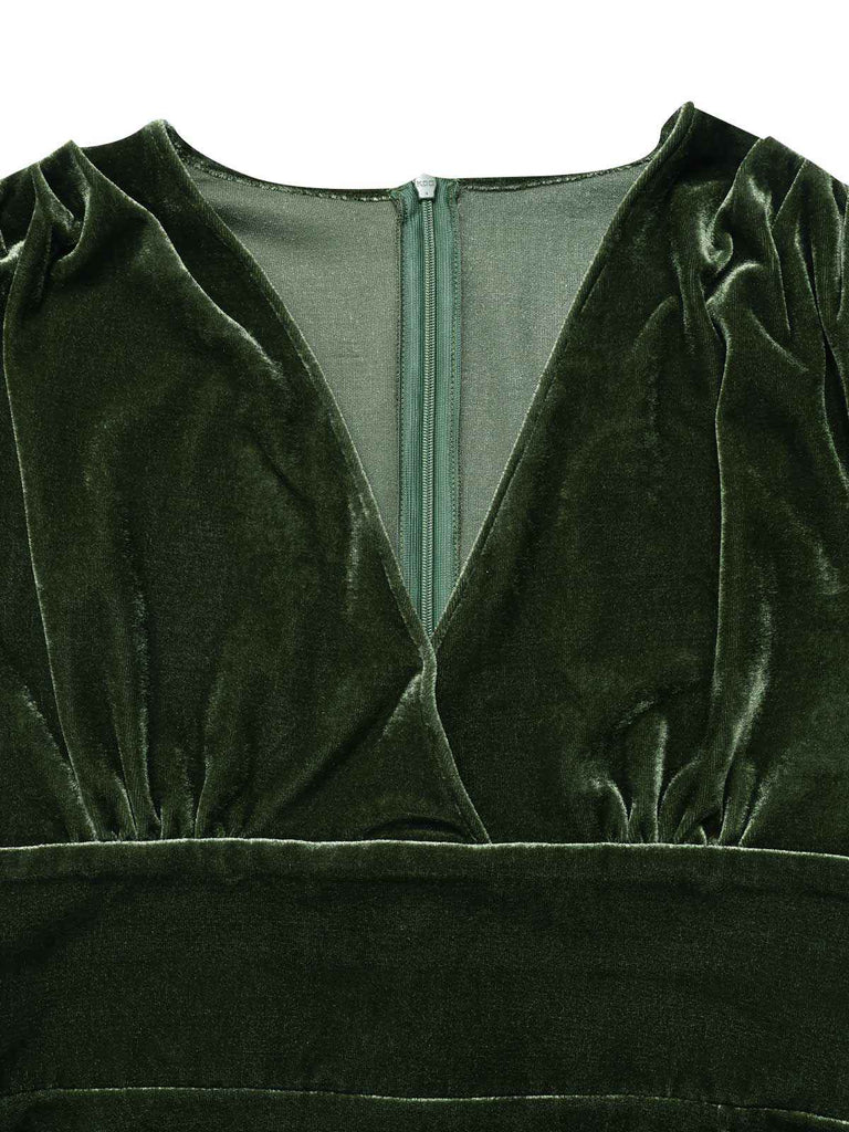 Rot 1940er Tief V-Ausschnitt Perle Samt Kleid