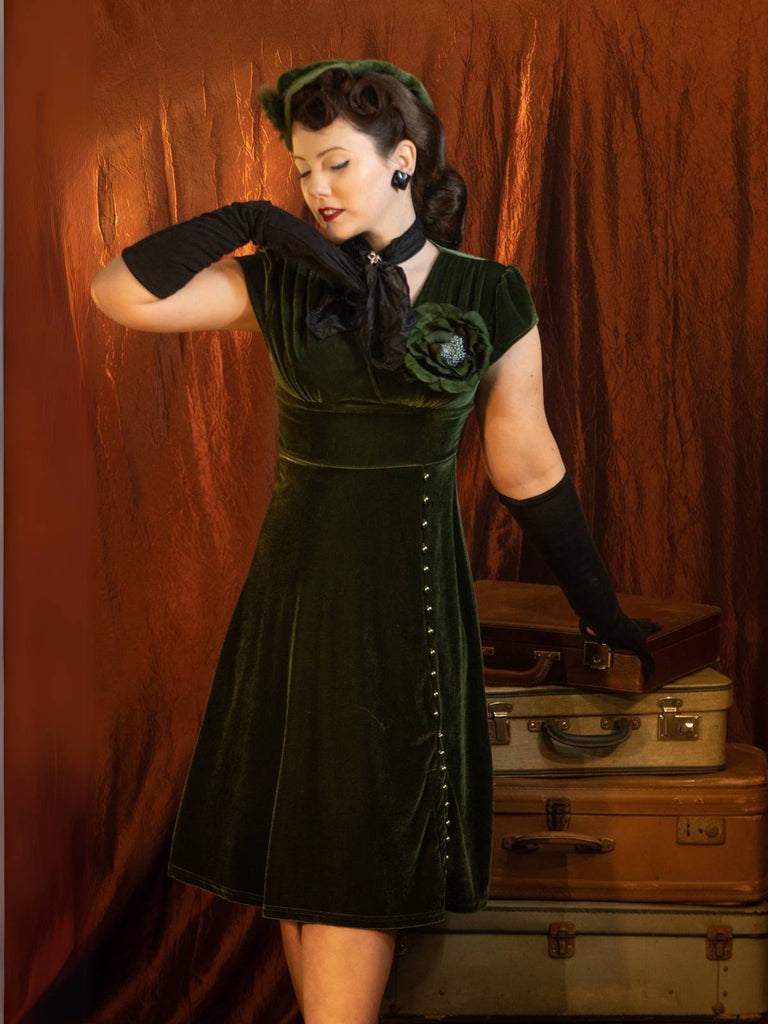 Rot 1940er Tief V-Ausschnitt Perle Samt Kleid