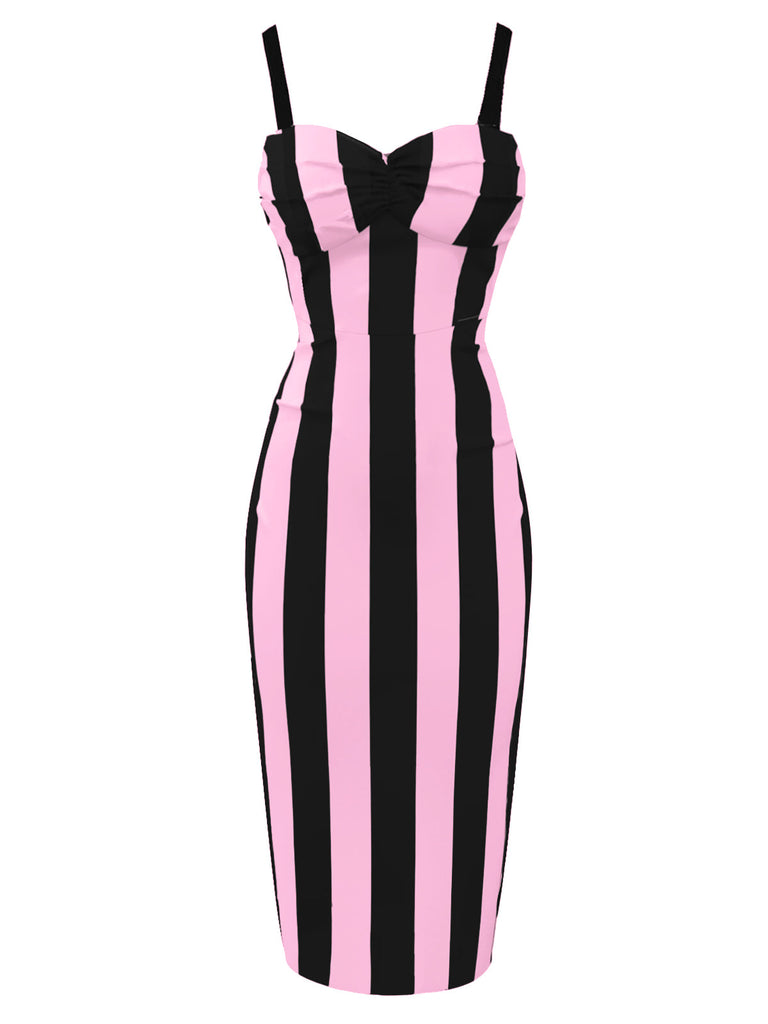Rosa & Schwarz 1960er Vertikale Streifen Träger Bleistiftkleid