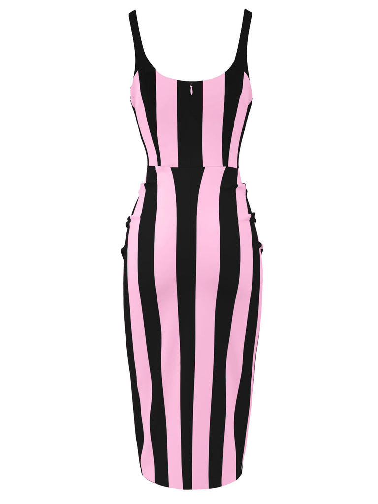 Rosa & Schwarz 1960er Vertikale Streifen Träger Bleistiftkleid